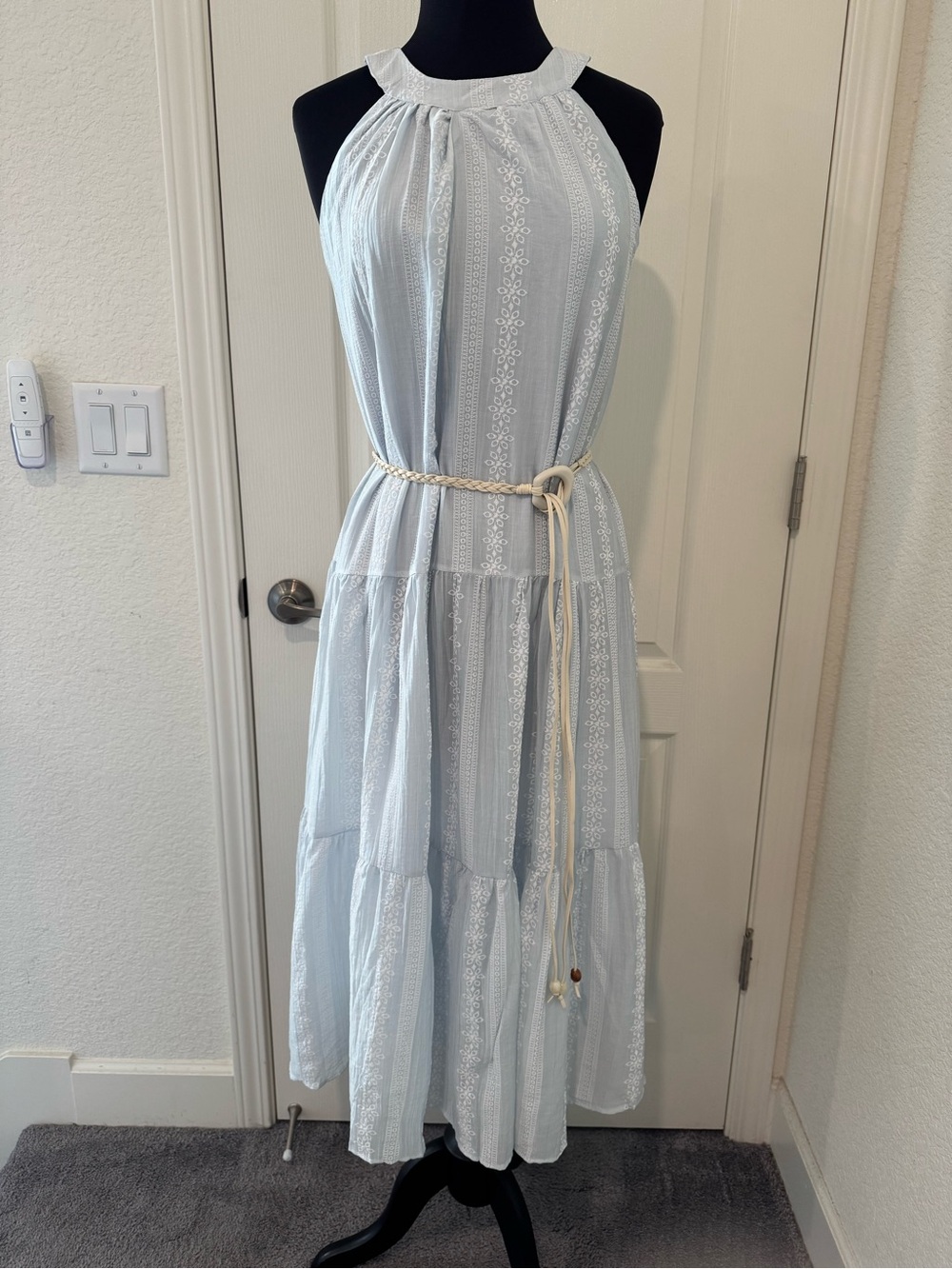 Light Blue Halter Maxi Dress with Embroidered Stripes and Rope Belt